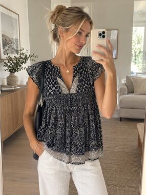 Navy & White Silk Blouse Top • Flutter Sleeve Tassel Top • Boho Feminine Shirt